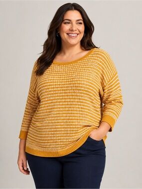 Talbots Yellow & White Striped Knit Sweater | Cotton Tencel Blend | Size XL